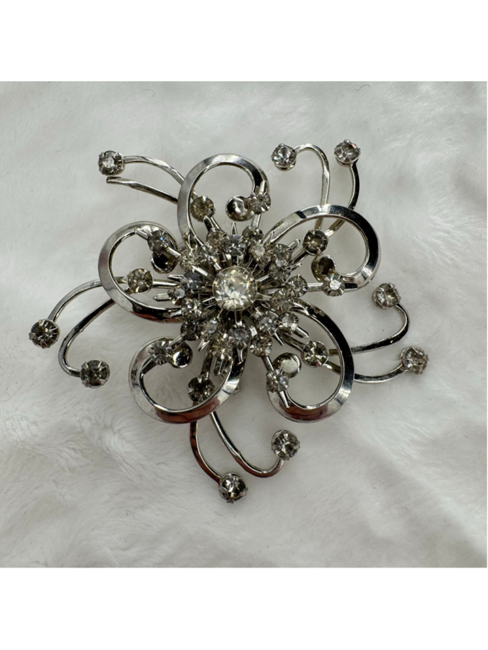 Silver Flower Brooch Pin Rhinestones Vintage Whimsical Midcentury Starburst